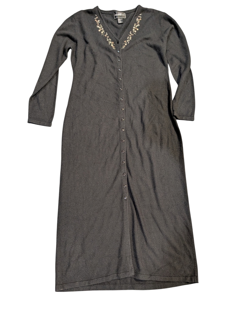 Vintage Molly Malloy L Black Maxi Duster Cardigan Embroidered Whimsigoth 90s